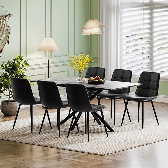 Extendable Dining Table and Chairs Set of 4, Concrete Effect Rectangular Table with Upholstered Faux Leather Chairs for Dining Room,Kitchen