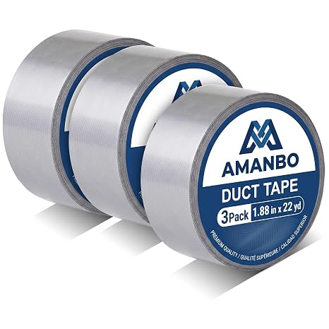 Amanbo 3-Pack Duct Tape Heavy Duty Waterproof Silver, 66 Yards x 1.88 Inch Total Strong Adhesive No Residue Bulk for Home Use, DIY, Projects, Outdoor Repairs Tear by Hand