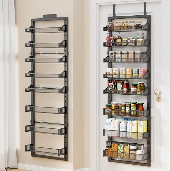 8 Tier Pantry Door Organizer, 2 IN 1 Over the Door Pantry Organizer with Metal Adjustable Baskets,Spice Rack Wall Mount or Door Organizer, Door Spice Rack for Pantry