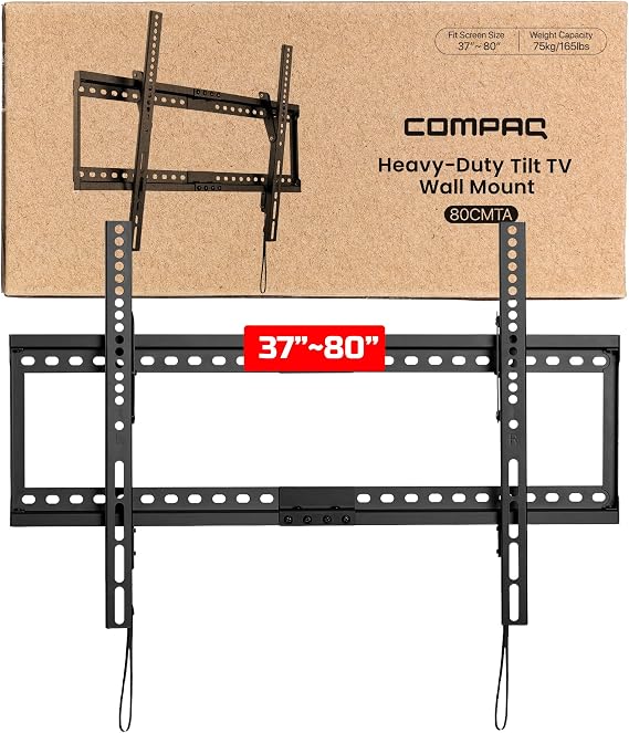 COMPAQ Tilt TV Wall Mount - Universal Wall Mount TV Bracket for 37-80 Inch Flat or Curved Panel TVs up to 165lbs - Low Profile, Super Slim, Strength Tested