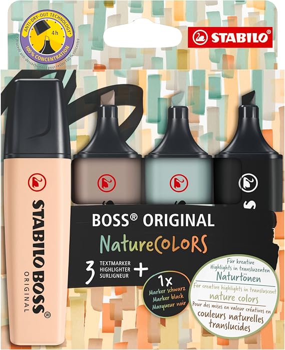 STABILO Highlighter BOSS ORIGINAL NatureCOLORS - Pack of 4 - Beige, Warm Grey, Earth Green, Black