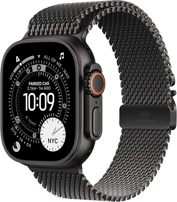 Apple Watch Ultra 3 GPS + Cellular 49mm Premium Running and Multisport Smartwatch with Rugged Black Titanium Case with Black Titanium Milanese Loop - Large. Advanced Health and Fitness Tracking