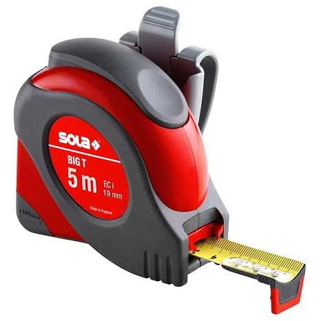 SOLA BIG T - Bandmaß 5m / 19mm - extrem robustes Profi-Rollbandmaß mit Gürtelclip - Stahlband gelb lackiert mit mm Skala - Genauigkeitsklasse I - Rollmeter mit rutschfestem Endhaken - Länge 5m/19mm