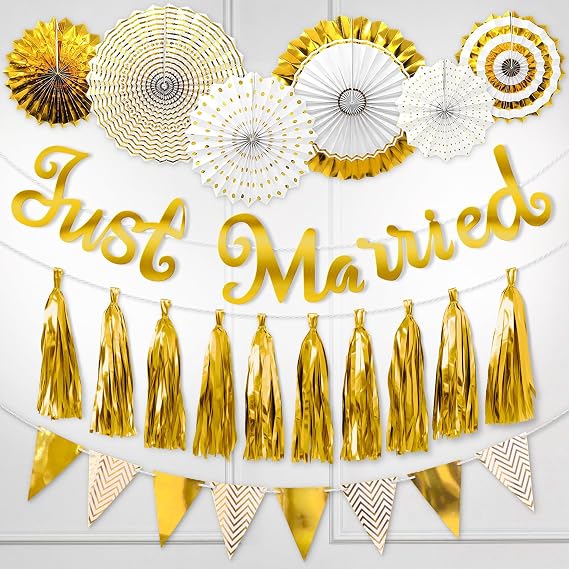 Gold Wedding Decorations Set – Just Married Banner Flag, 6 Paper Fans, Party Banner Bunting Decoration and a Foil Tassels Garland for Your Wedding Party, Bridal Shower or Bachelorette Party