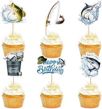 36pcs Sea Fishing Cupcake Toppers Sea Fish Pole Cupcake Picks for Baby Shower Offshore Angling Birthday Cupcake Decoration Go Fishing Party Decoration
