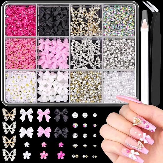 3D Nail Charms and Gems, 20PCS Chunky Butterfly Charms + 60PCS Nail Bows in 2 Styles + 1400Pcs 3D Flowers with Crystals, Pearls, Diamonds, and Pickup Pencil and Tweezers Tools for Nail Decor