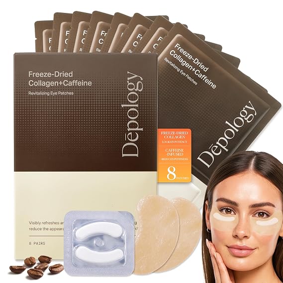depology Caffeine Under Eye Patches + Freeze-Dried Collagen Under Eye Mask, Awakening Eye Patches for Puffy Eyes and Dark Circles& Fine Lines, 8 Pairs | 2Step Hydrating & Smoothing & Reviving