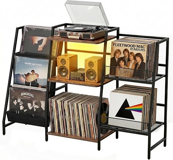Record Player Stand with LED Lights,Vinyl Records Stands for Living Room | Record Player Table with Large Capacity Storage Holds Up to 300 Albums, Turntable Stand Shelf for Albums, Brown