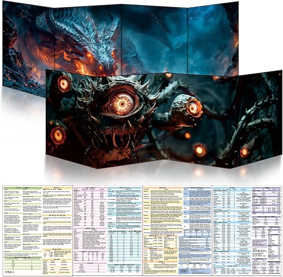 Byhoo 2 PCS DM Screen for D&D 5E with 2 Immersive Themes，Waterproof Reusable Surface, Tri-Fold Portable Design Folds to A4 Size DND Accessories Compatible with Players Handbook