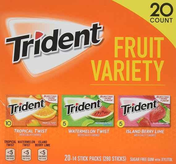 Trident Sugar Free Gum Fruit Variety Total 280 Sticks (20 Packs -14 Sticks)