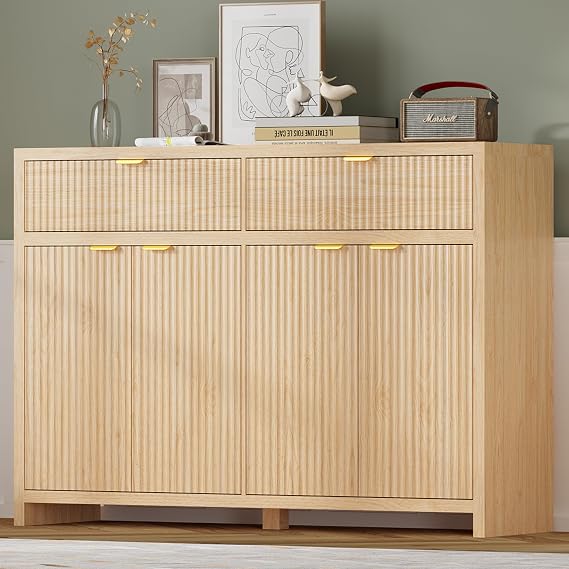 Fluted Sideboard Buffet Cabinet with Storage and Large Drawers, 55" W Credenza Storage Cabinet for Living Room or Entryway, 40'' H Farmhouse Buffet Table with Adjustable Shelves, Console Cabinet