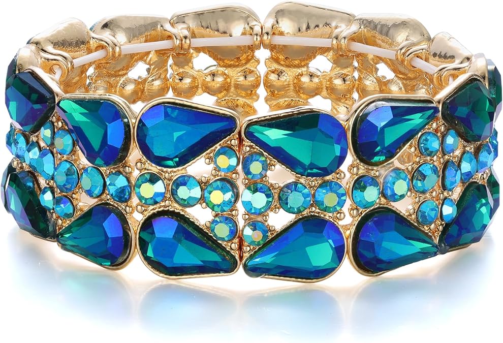 BriLove Wedding Stretch Bangle Bracelet for Bride Bridesmaid | Elegant Crystal Double Row Teardrop Rhinestones Cluster Bracelets for Bridal Costume Prom Accessories