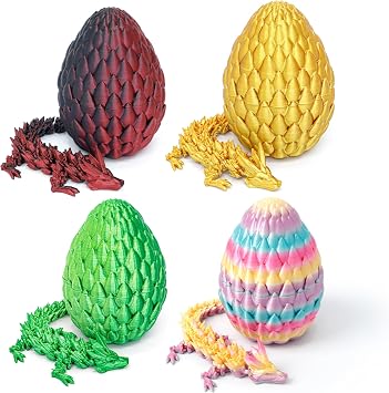 4 Pack 3D Printed Dragon in Egg - Mini 3D Eggs with Dragon Inside, Cute Fidget Toy, Birthday Gift, Desk Pet Figure, Easter Basket Essentials (4B1)