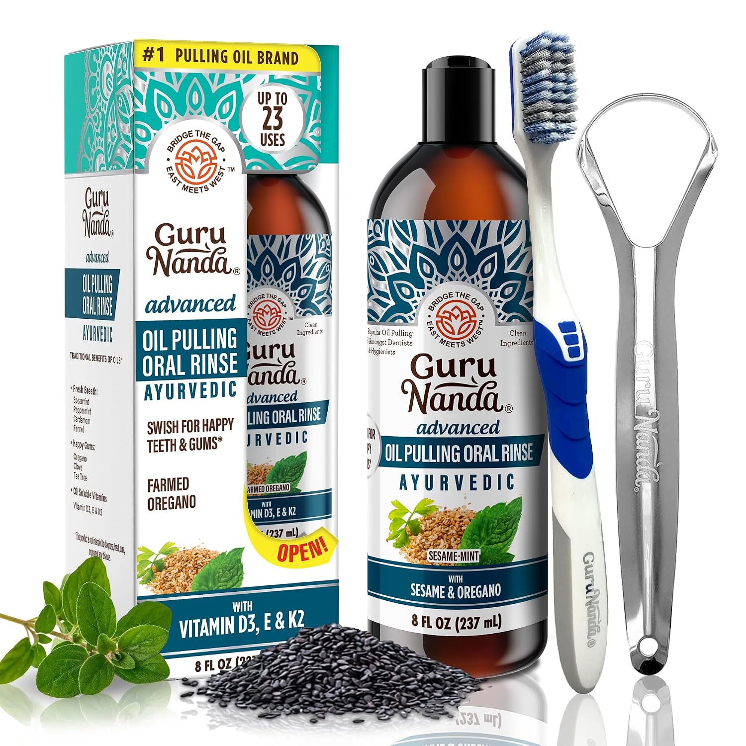 gurunanda advanced formula oil pulling with tongue scraper - natural coconut oil mouthwash with essential oils and vitamins d e - ayurvedic formula helps bad breath 8 fl oz pack of 1