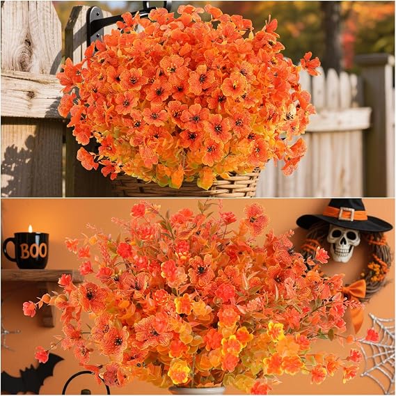 AmyHomie 32 Bundles Orange Fall Artificial Flowers for Outdoor Fall Decor