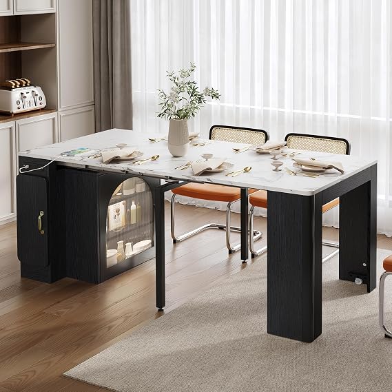 Extendable Console Dining Table with Power Outlet & Iron Support Legs, Console Table with Extension Leaves Holder & LED Lights Glass Door Storage for Dining Room (Black)