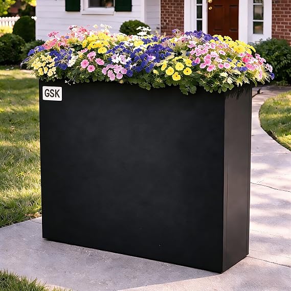 GSK Black Metal Planter 38" Lx10 Wx30 H Heavy-Duty Outdoor Rectangular Box Plants Indoor Galvanized Steel Drainage Rustproof Flower Rectangle Trough Easy Assemble Commercial Home Patio Balcony Porch