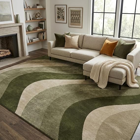6x9 Olive Green Area Rugs, Modern Washable Rug for Living Room