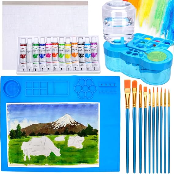 Painting Station, Paint Brush Cleaner, 20"X16" Silicone Painting Mat, 12 Colors Acrylic Paint,10 Brushes and 10 Textured Card Paper Painting Supplies Kits for Artist Kids Adults Birthday Gifts (Blue)