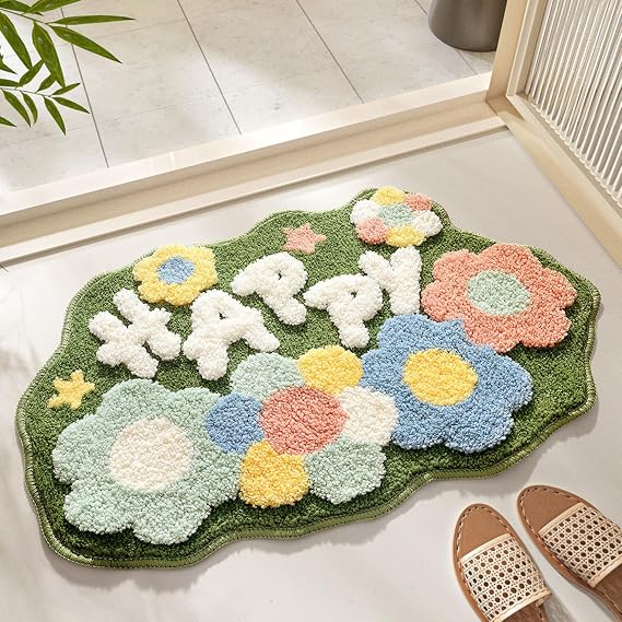 Cute Flower Bath Mat Non-Slip Microfiber Rug, Quick Dry & Machine Washable Floor Mat for Bathroom, Bedroom, Kitchen, Tub or Shower (Happy Flower Forest)