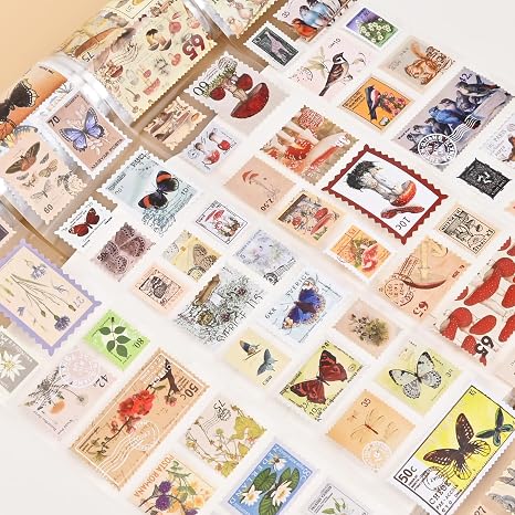 Stamp Tape, 4 Rolls of Vintage Aesthetic Stickers for Scrapbooking Supplies Bullet Journaling Junk Journal DIY Crafts(Plants & Animals)
