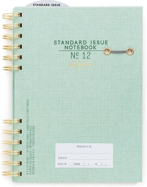 DesignWorks Ink Standard Issue No. 12 Green Undated Planner Notebook Journal with Lined Pages, Elastic Pen Holder, and Durable Spiral Binding for Work, Writing, Journaling - 6" x 8.25"