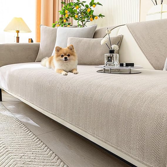 Sofa Cover, Chenille Fabric Couch Cover 1 2 3 4 Seater, Non Slip Sofa Covers, Sofa Slipcovers for Corner L Shape, Thick Textured Sofa Cushion Covers Furniture Protector, milky color, 70 * 70cm