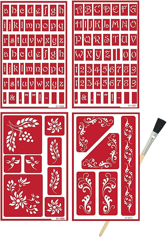 4 Reusable Glass Etching Stencils - Upper Case Alphabet, Lowercase Alphabets, Floral Fleur De Lis, Berries Theme Etch Stencil - Set Includes Brush, Total 5 Items
