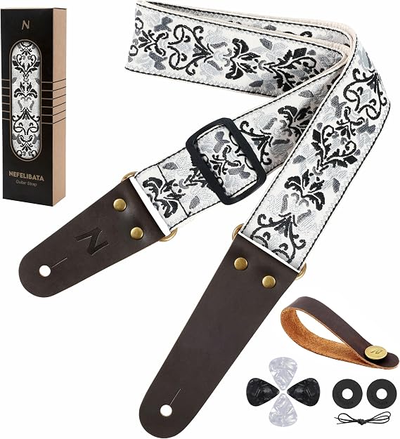 Nefelibata Guitar Strap, Vintage Embroidered Cotton Guitar Straps with Genuine Leather Ends for Bass, Electric & Acoustic Guitars, Come with Free Strap Button, 1 Pair Strap Locks and 4 Guitar Picks