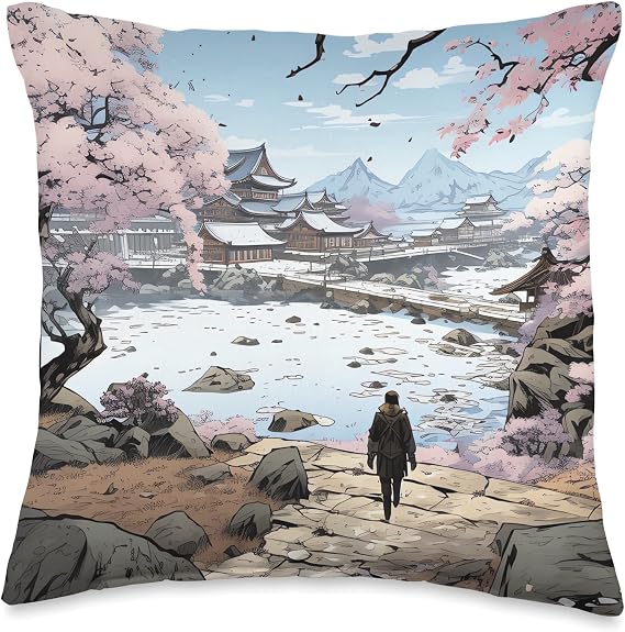 Comic Box Sakura Petal Dreamscape in Detailed Panels Cherry Blossom Landscape Throw Pillow, 16x16, Multicolor