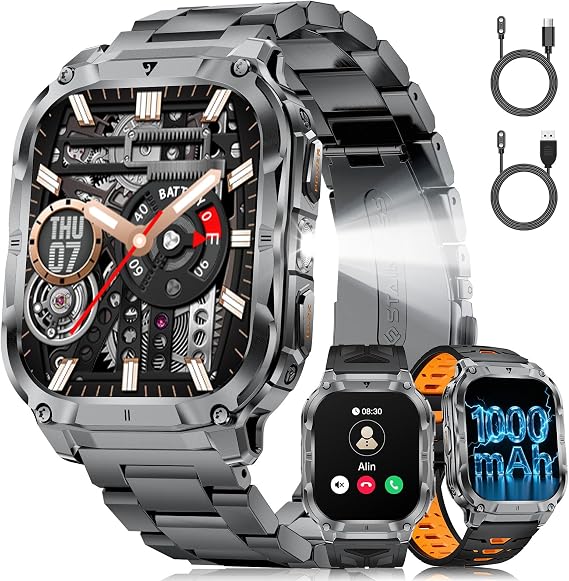 LIGE Military Smart Watch for Men(3 Bands),1000mAh/2 HD Large Screen Smartwatch, Flashlight/110+ Sports Modes, Fitness Tracker Watch for Android iOS,Black