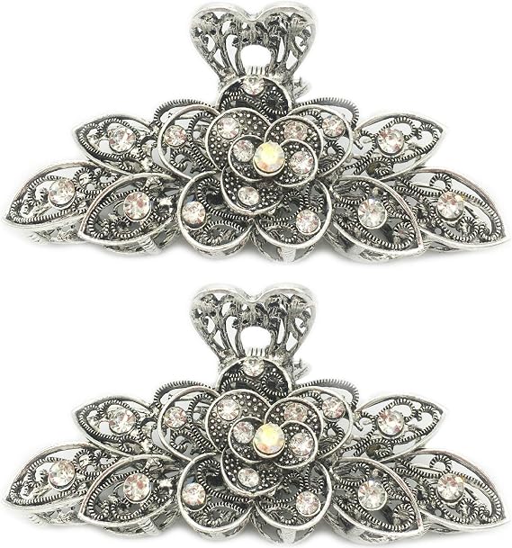 2 Pcs Women Retro Chic Rhinestone Alloy Fancy Hair Claw Jaw Clips Pins -Vintage Flowers Hair Catch Updo Grip Hair Accessories for Thick Hair