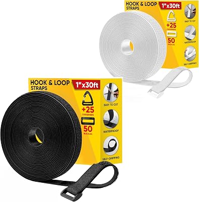 Hook and Loop Cable Straps with 50 Bucklets and 25 Carabineres, Reusable Fastening Cable Ties, Wire Management Securing Strap for Cable Tidy, Multi-Purpose Cord Organizer Black and Whitend Wh
