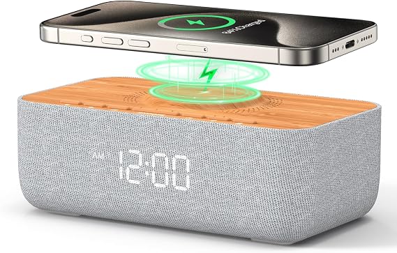 REACHER 15W Magnetic Wireless Charging Alarm Clock with White Noise Machine | 15W magnetic charging, woodgrain style, 20 sleep sounds, gradual wake, snooze, 0-100% dimmable display for bedside