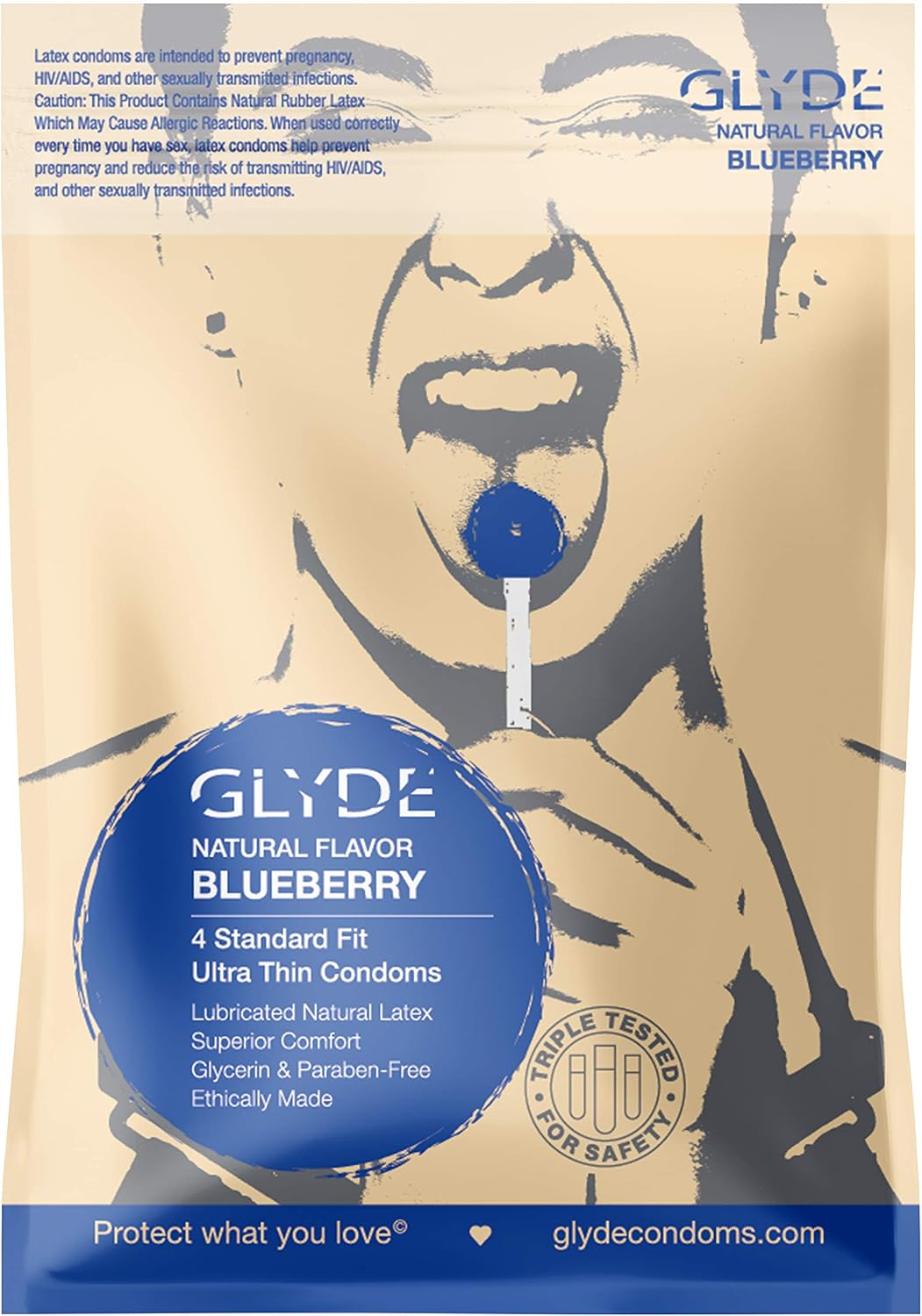 GLYDE Blueberry Flavored Ultra Thin Condoms - 4 Count - Organic Flavor Extract, Ultra-Thin, Vegan, Non-Toxic, Medium Size Natural Rubber Latex, 53mm Yummy Standard Fit