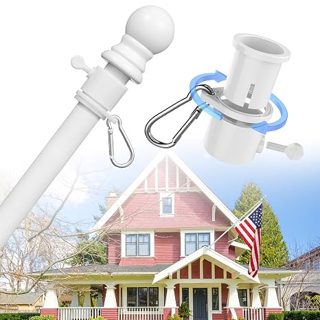 House Flag Pole Kit - 6ft Tangle Free Flagpole Outdoor, Heavy Duty Metal Flag Poles for Porch Garage Truck Jeep, Wall Mount & Portable 3x5 Hand Held Flagpole - White