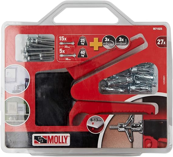 MOLLY M71925-XJ Set of 20 Mounting Dowels - 10 Dowels 4 x 33 mm and 10 Dowels 5 x 36 mm + Mounting Pliers Grey 27 Pieces