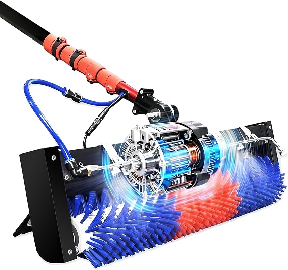 Electric Solar Panel Cleaning Brush 11ft Water-Fed Pole, AC Powered via Included Adapter, Rotating PE Bristles for Home Rooftop PV Systems