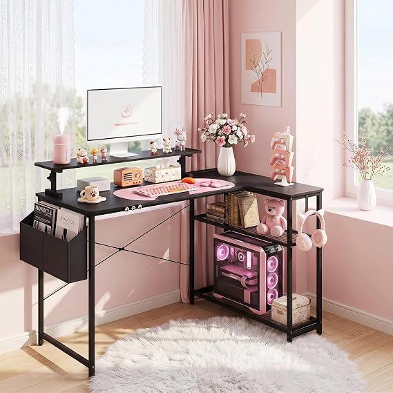 GTPLAYER 43" L Shaped Gaming Desk, Home Office Corner Desk with Storage Shelves, Computer Desk with Monitor Stand, Side Storage Bag & Hooks, Sturdy Metal Frame PC Workstation, Black