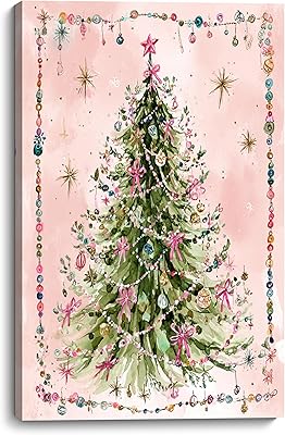 ZNZ Christmas Tree with Pink Ribbons Canvas Print Wall Art 16x24 Inch – Festive Holiday Décor for Living Room, Bedroom, Fireplace Mantel, or Seasonal Home Display