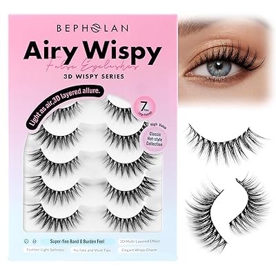 Bepholan False Eyelashes 7 Pairs Strip Eye Lash Natural Look Wispy Lashes Reusable Thin Clear Band & Soft Fake Lashes（W06）
