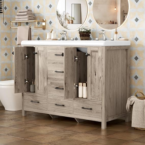 46.7 inch Bathroom Sink Vanity Combo, Large Freestanding Double Bath Vanity Sink Set with 2 Cabinets & 5 Drawers, Dual Basin Modern Bathroom Storage Cabinet, Light Wood