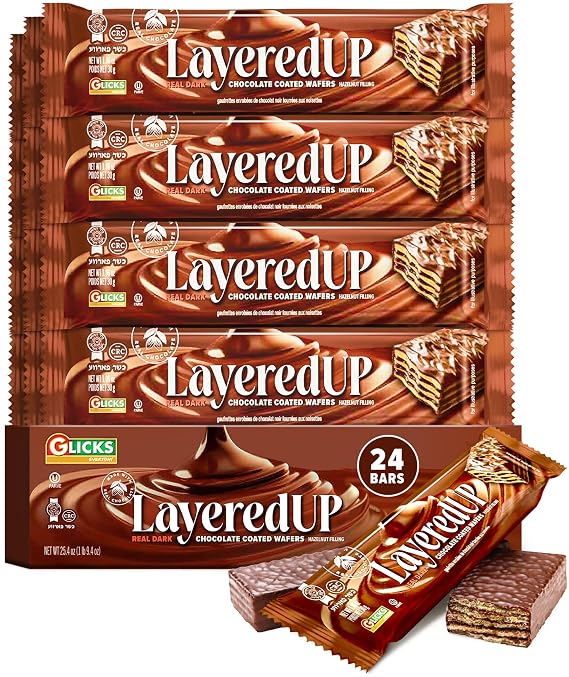 LayeredUp Wafer Cookies, Rich Dark Chocolate Coated Wafers, 24 Pack | Dairy Free | Light & Crunchy | Individually Wrapped Snack Bars