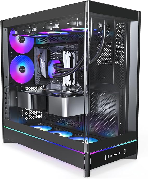 MONTECH HS02 PRO, ATX Mid-Tower PC Kasası, Oyun Bilgisayarı, Yüksek Hava Akışı, Ters Çevrilebilir Düzen, Sağlam Kavisli Temperli Cam Ön Panel, 5x ARGB PWM Fan Önceden Yüklenmiş, Gömme Tasarım, Aletsiz | 420mm GPU Desteği, 360mm Radyatör Desteği, Geri Dönüşümlü Düzen, Geri Bağlantı, Kavisli Cam, Yüksek Hava Akımı, USB-C