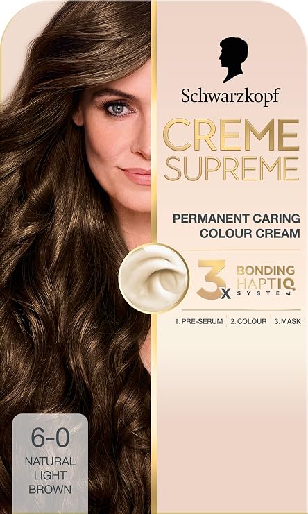 Schwarzkopf Creme Supreme 6-0 Natural Light Brown, Permanent Hair Dye, Caring Hair Dye Colouration with 3-Step Bonding System Against Damage, 100% Grey Coverage