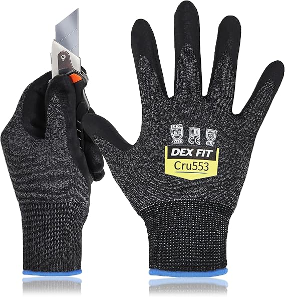 DEX FIT Level 5 Cut Resistant Gloves Cru553 Anti-Static, 3D Comfort Fit A5 Safety Work Gloves with Grip, Thin Touchscreen Gloves for Warehouse, Package Handling, Glass Handling, BlackGray, L, 1 Pair