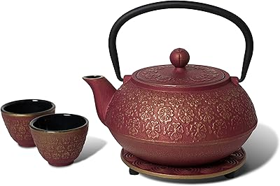 Miya Scarlet Blossom 34-Ounce Cast Iron Teapot and Teacup Set w Strainer and Trivet, Pink