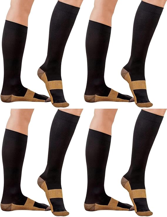 Compression Copper Socks (4 Pair) Over the Calf Below Knee Men Woman Pain Ache Swelling Relief Support Stockings (Black/Gold,#34;XXL")