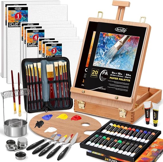 82Pcs Professional Oil Painting Set with Easel Box, 24 Rich Oil Colors & 10 Hog Brushes,Palette Knives, Canvases Complete Art Supplies Kit for Beginners & Artists