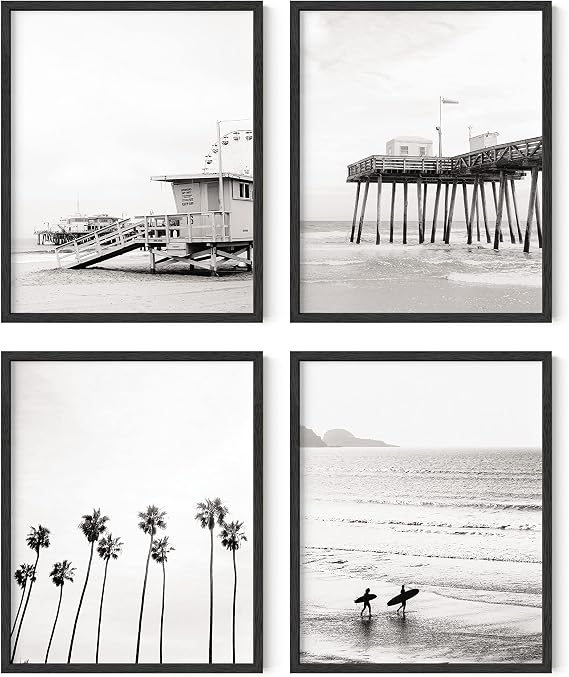 HAUS AND HUES Black and White Beach Wall Art Set of 4 Ocean-Themed Posters, Coastal Minimalist Beach Decor, Black and White Wall Art (Black Frame, 8x10)